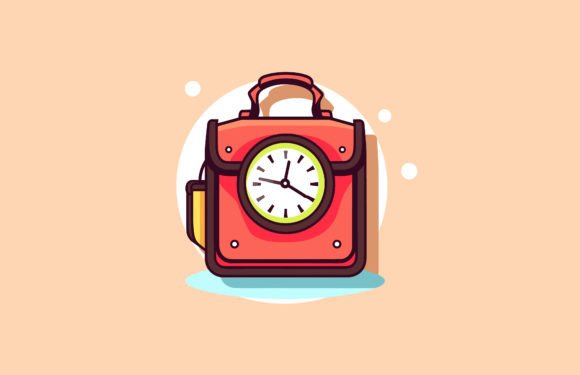 School Bag and Clock Vector Illustration